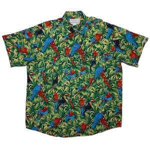 Vintage KEY WEST Hand Print Fashions Hawaiian Shirt Parrots Toucans Green XL